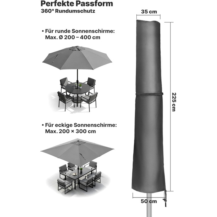 Чохол для парасольки Menz 2-4 м, 420D Oxford, водонепроникний, UV-стійкий, вітростійкий, для саду, антрацит, 225 × 35/50 см