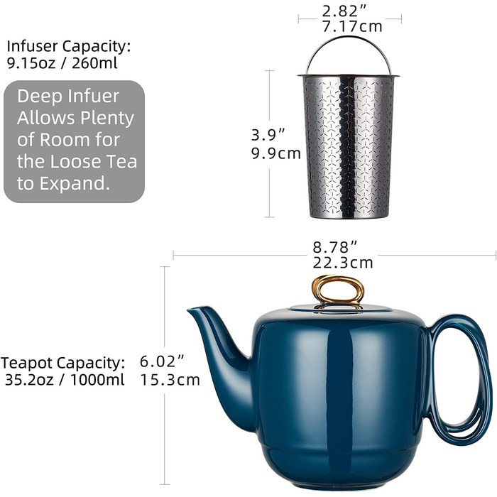 Порцеляновий чайник з ситовою вставкою, керамічний чайний сервіз з спіральною ручкою для розсипного чаю, 1000 мл розкішний чорний гладкий керамічний чайник із золотим оздобленням для подарунків (02-темно-сині чайники)
