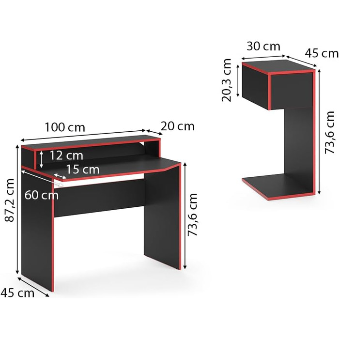 Ігровий стіл Vicco Kron, червоний/чорний, 130 x 60 см з тумбою
