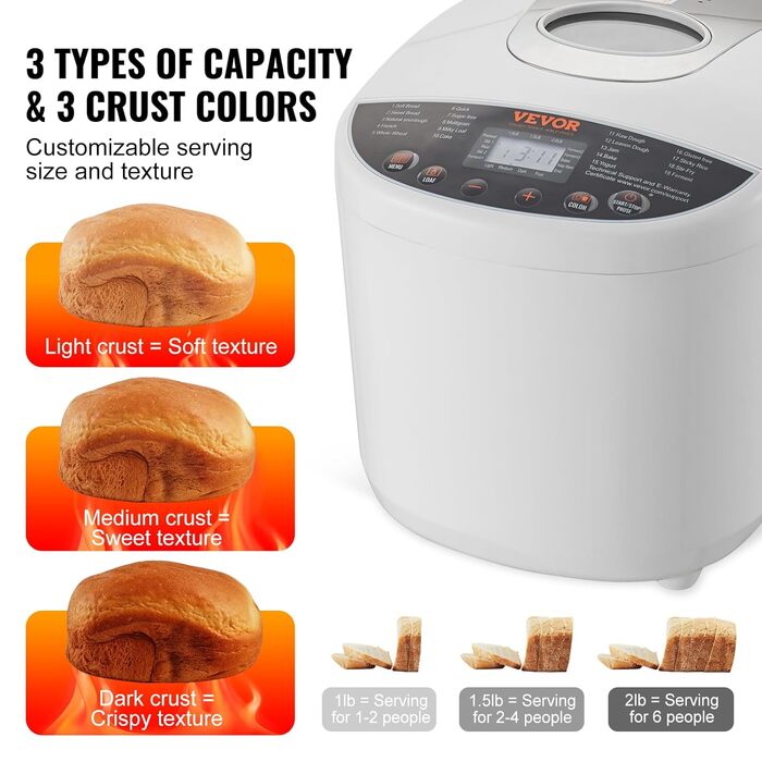 Електрична хлібопічка VEVOR Хлібопічка 650 Вт 3 варіанти ємності 0,5, 0,7 або 0,9 кг, також для тортів - Піца - Хлібопічка з макаронного тіста з нержавіючої сталі, Час попереднього вибору Випікання свіжого хліба самостійно