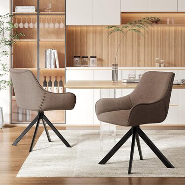 Обідні крісла поворотні 6 шт. з підлокітниками – 360° обертання, м'яке крісло з льону, сучасний поворотний стіл для кухні з металевим каркасом та спинкою для їдальні, вітальні, офісу, коричневий. 6 шт.