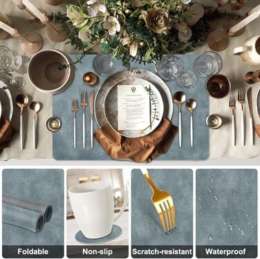 Підставки під тарілки та серветки з екошкіри (6 шт.) - водонепроникні, стійкі до подряпин, для кухні та обіднього столу. Зелено-сірий набір