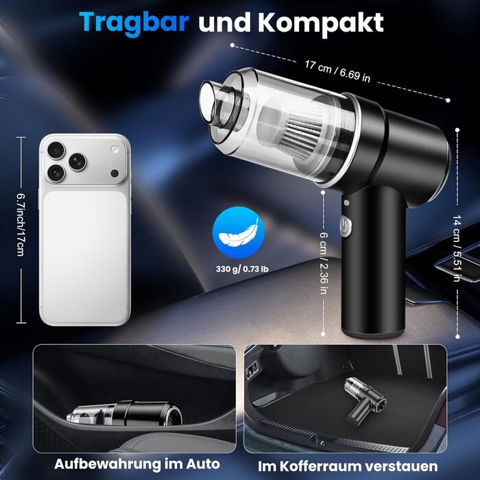 Акумуляторний ручний автомобільний пилосос 12000Па з HEPA-фільтром та LED-підсвіткою, бездротовий міні-пилосос для авто, дому, диванів та шерсті тварин