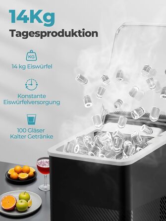 Льодогенератор Fohere портативний самоочисний, 14 кг/24 год, 2 розміри льоду, компактний, чорний - для дому, бару, офісу, кемпінгу