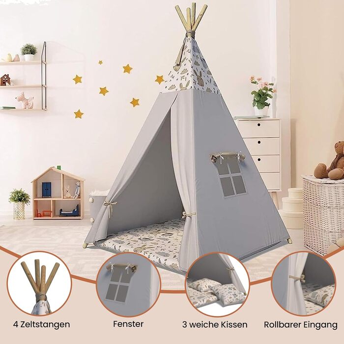 Тіпі-намет для дітей | Ігровий намет для дитячої кімнати | Намет-вігвам з м'якими подушками | Міцний намет-вігвам у стилі індіанців | Безпечний намет-вігвам для дому | Сірий намет-вігвам з тваринами для дитячої кімнати