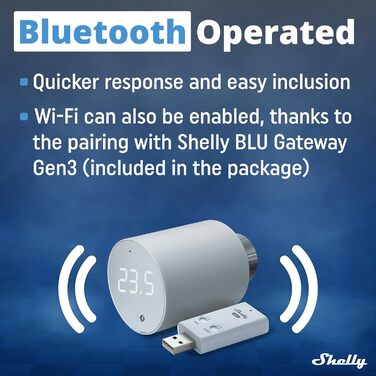 Shelly Blu TRV (2 шт.) + Shelly Blu Gateway Gen3: Розумний терморегулятор Bluetooth/Zigbee, точне регулювання температури, сумісний з Alexa та Google Home