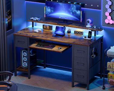 Ігровий стіл Seventable з LED підсвіткою, розетками та USB портами, шухлядами, підставкою для клавіатури та монітора (120x47x87 см, вінтажний коричневий)