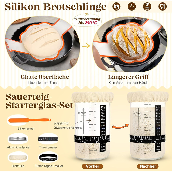 Набір для закваски та випікання хліба Gärkörbchen: 2 корзини (25см, 23см), скляна тара, для початківців та професіоналів, помаранчевий колір