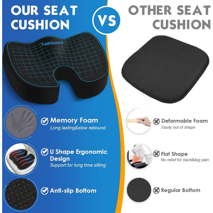 Подушка для офісного крісла TushGuard, Memory Foam, чорна, X-Large - для спини, куприка, ішіасу, куприка, полегшення болю