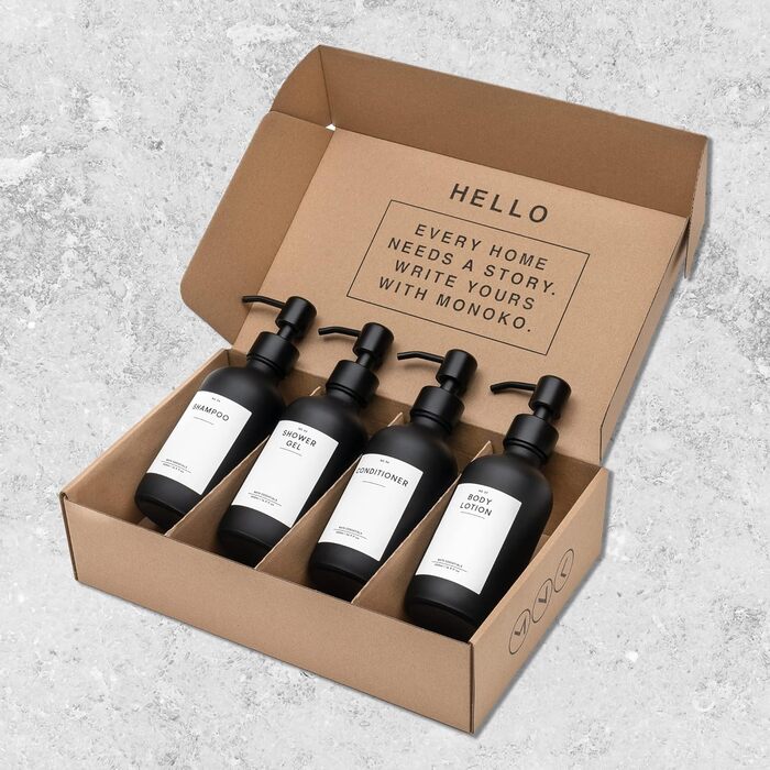 MONOKO Набір з 4 дозаторів для мила чорного матового кольору з скла, 500 мл | Дозатори для шампуню та мила для кухні | Нержавіюча сталь, з наліпками