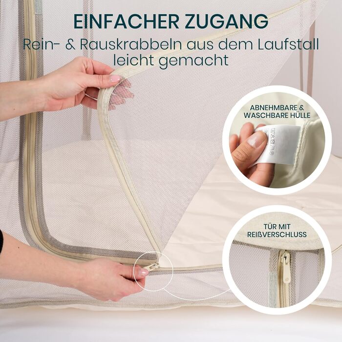 Дитячий портативний ігровий центр Tutti Bambini Laufstall - ігровий майданчик з сіткою 360°, механізмом швидкого складання, дверцятами на блискавці, килимком та сумкою для перенесення, 135 x 135 x 75 см (Бежевий)