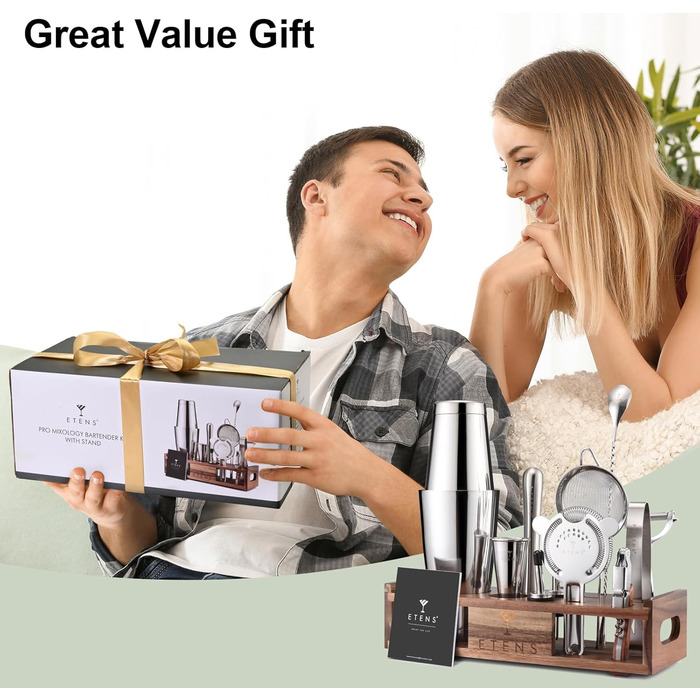 Набір бармена на 15 частин з дерев'яною підставкою – набір шейкерів Boston з нержавіючої сталі з мірним стаканом, ситом, мадлером та аксесуарами для бару – професійний міксологічний набір подарунок для дому та бару Silver