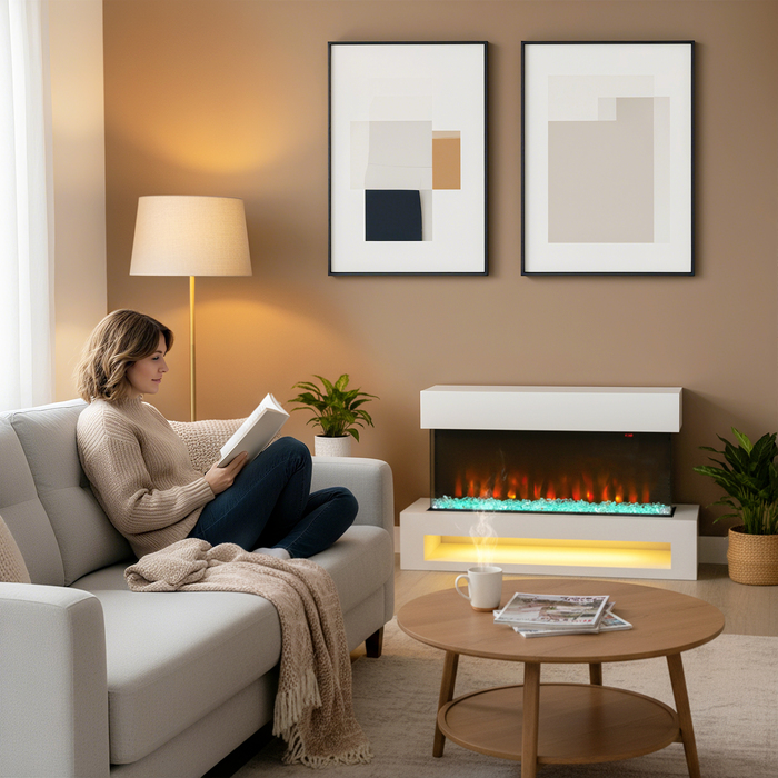 Електрокамін HOMCOM з 11 кольорами полум'я, 10 кольорами кристалічної підстилки, потужністю 1000/2000 Вт, з дистанційним керуванням, універсальний, білий