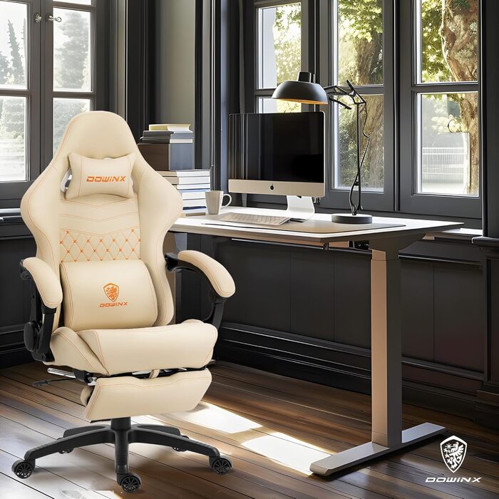 Ігровий крісло Dowinx з регульованою підніжкою, масажером попереку та офісним комфортом, до 200 кг, 165° нахил спинки, бежевий