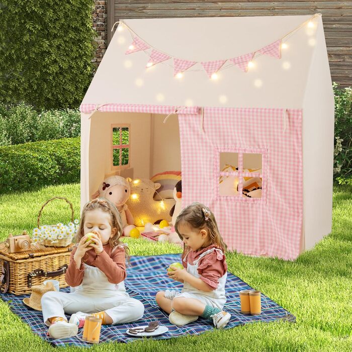Дитячий намет GOPLUS з м'яким килимком, зірочками та китицями, ігровий будиночок для дому та вулиці з вікнами, дверима та кишенями, для дітей від 3 років (Рожевий)