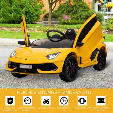Електромобіль для дітей HOMCOM Lamborghini SVJ, ліцензія, 12V, металевий, жовтий, з дистанційним керуванням, музика, USB, для дітей 3-8 років