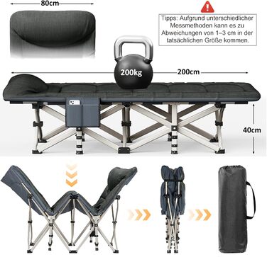 Розкладне кемпінгове ліжко CALIYO з матрацом, 200x80x40 см, витримує до 200 кг, сталевий каркас та тканина Оксфорд, чорне, з сумкою для зберігання