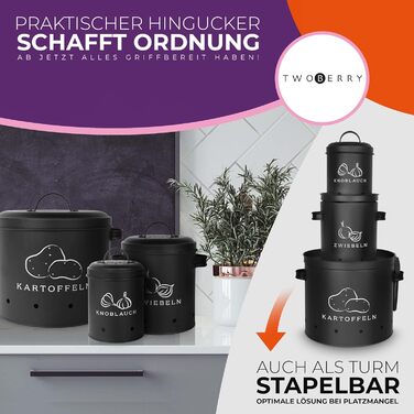 Набір контейнерів для зберігання картоплі, цибулі та часнику [3 шт] з овочечисткою, чорного кольору