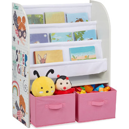 Дитяча книжкова шафа Relaxdays, ВхШхГ 80 x 63 x 30 см, Дитяча полиця з 3 відділеннями та 2 коробками, Для дівчаток, МДФ, Тканина, Барвистий