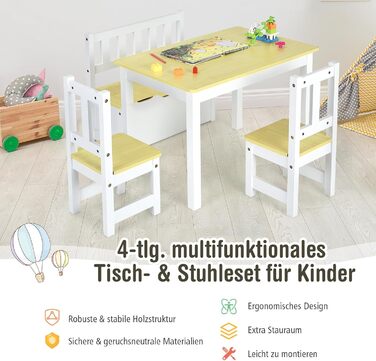 Дитяча меблева група COSTWAY з місцем для зберігання: стіл для малювання з 2 стільцями та лавка. Зроблено з екологічного дерева FSC, для дітей від 3 років (сірий/натуральний колір)