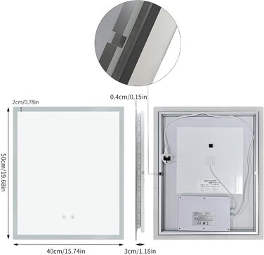 Дзеркало для ванної кімнати LUVODI з підсвічуванням 40x50 см: регульоване LED дзеркало з 3 кольорами світла, сенсорне управління, запобігає запотіванню, водонепроникне, настінне дзеркало для ванної кімнати, горизонтальне/вертикальне кріплення 50 см x 40 см