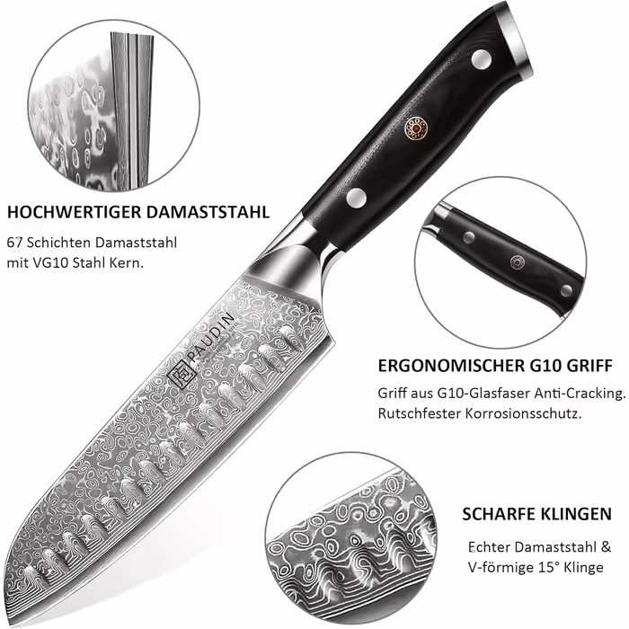 Набір кухонних дамаскових ножів PAUDIN, 3 предмети, ультрагострий Santoku з 67-шарової дамаської сталі з японським VG10 ядром, ергономічна ручка G10