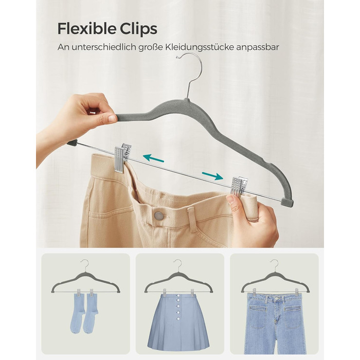 Набір вешалок SONGMICS з оксамиту, 20 шт., для штанів, пальто, суконь, 42,5 см, з регульованими кліпсами, антиковзаючі, економія місця, сірі
