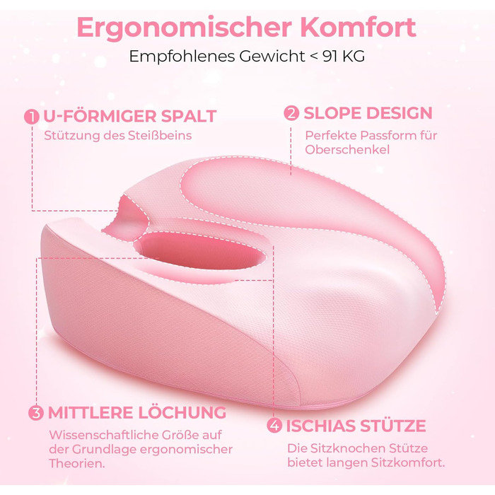 Ортопедична подушка для сидіння AUVON: комфорт при геморої, для офісу, авто, інвалідного візка. Зняття болю при ішіасі та вагітності (рожева)
