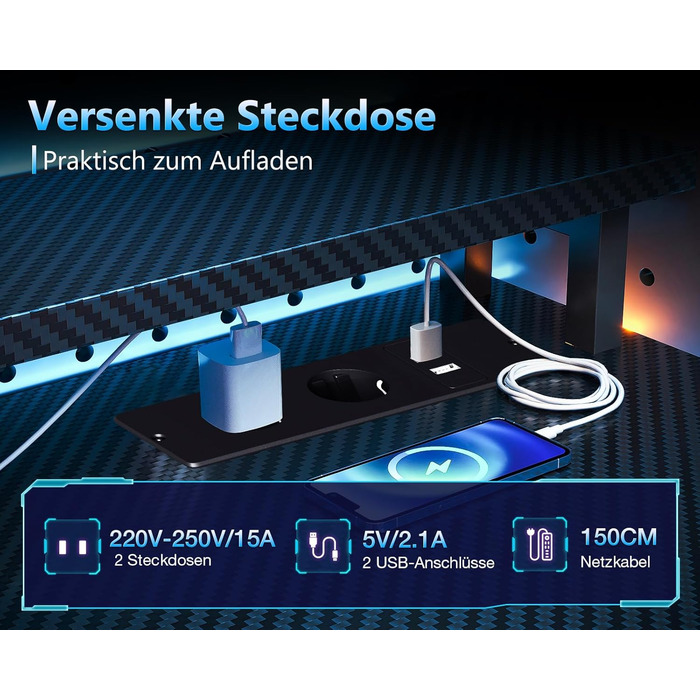 Ігровий стіл Coleshome з ящиками, 151x50 см, LED-підсвічуванням та розеткою, стіл для комп'ютера з полицями та підставкою для монітора, карбон, чорний