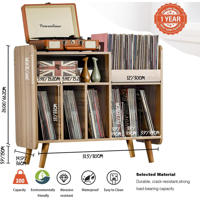 Стіл для програвача, стійка для програвача середини століття з місцем для зберігання до 350+ платівок, шафа для вінілових платівок з регульованими полицями, горіх