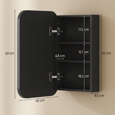 Дзеркальна шафка для ванної кімнати, шафка для ванної з дзеркалом, підвісна шафка з регульованою полицею, 40 x 10 x 60 см, чорний