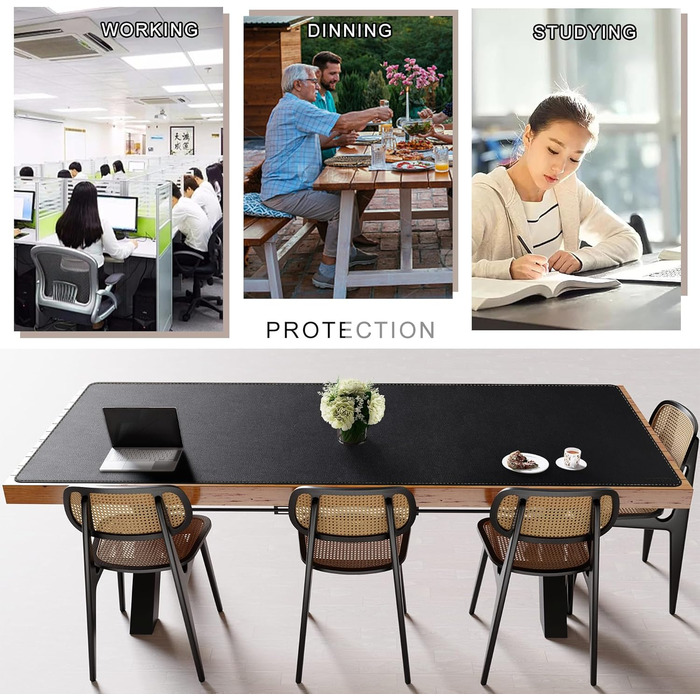 Килимок на стіл MAIDERN XXL 240x100 см двосторонній (шкіра та корк) — водонепроникний килимок для миші, офісу та геймінгу, чорний