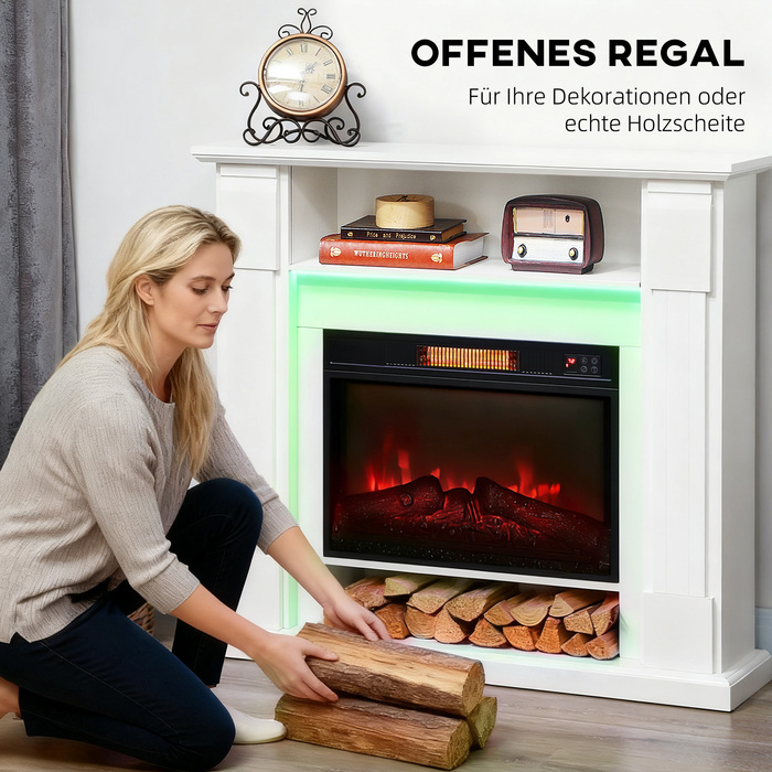 Електричний камін з LED-підсвіткою, реалістичним ефектом полум'я, потужністю 1800W, імітація каміна, 2 пульти дистанційного керування, скло, білий