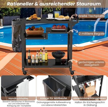 Столик для гриля COSTWAY з 4 полицями та колесами, 85 x 50,5 x 93 см