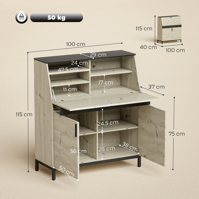 Промисловий письмовий стіл-секретар з полицями та металевим каркасом 100 см, натуральне дерево та чорний колір