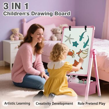 Дитяча мольберт Kinderstaffelei: двосторонній, сталевий, регульований, 360° обертання, дошка для малювання, крейда та маркери для хлопчиків та дівчаток