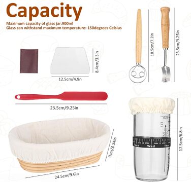 Набір для бродіння та випікання хліба: корзинка 25 см, набір 7 предметів, скляна тара 700 мл, 100% натуральний ротанг