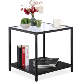 Чорний журнальний столик, сучасний дизайн, вітальня, скло, метал і МДФ, 50x50x50 см, квадратний журнальний столик, 50 x 50 x 50 см