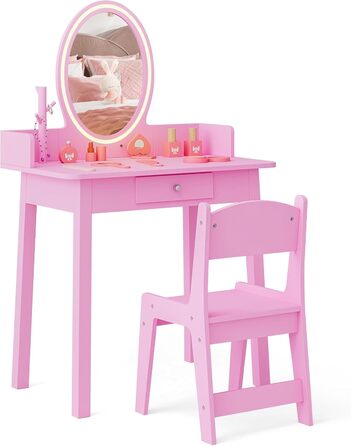 Дитячий туалетний столик DREAMADE з LED-дзеркалом та ніжками з бука, принцесовий туалетний столик з шухлядою та стійкою для прикрас, дитячий туалетний столик з пуфом для дівчаток (Рожевий)
