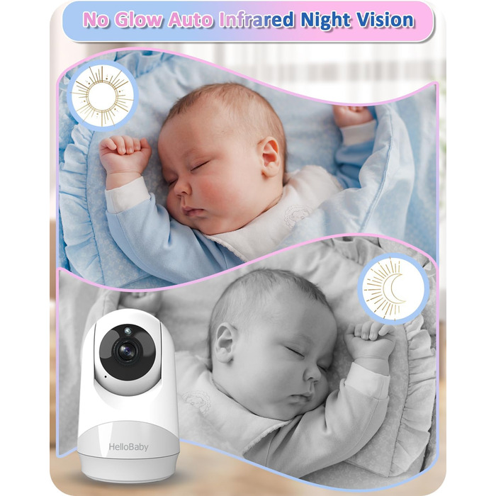 Радіоняня HelloBaby з камерою, 29 год автономії, поворотна камера 318°/120°, нічний режим, 2-сторонній зв'язок HB6240