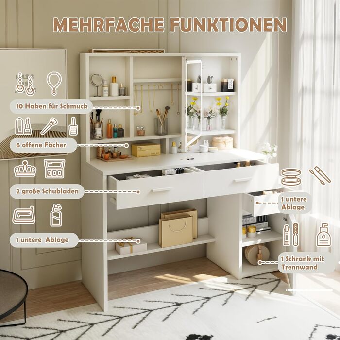 Дзеркало для макіяжу JUMMICO з LED-підсвічуванням, регульована яскравість та колірна температура, органайзер, туалетний столик з ящиками та регульованими полицями, 110x40x140 см