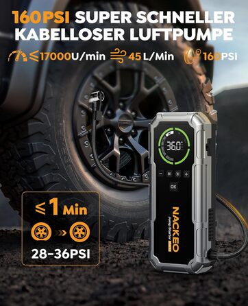 Powerbank Starthilfe 8000A з компресором 160PSI, 12V для авто, 20000mAh, LED-ліхтар, LCD-дисплей, сріблястий