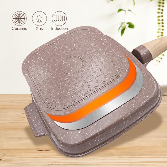 Гриль-сковорода з кришкою для індукційних плит 26 x 24 см, антипригарне покриття з кераміки, гриль-сковорода з знімним ручками, для всіх типів плит, коричнева