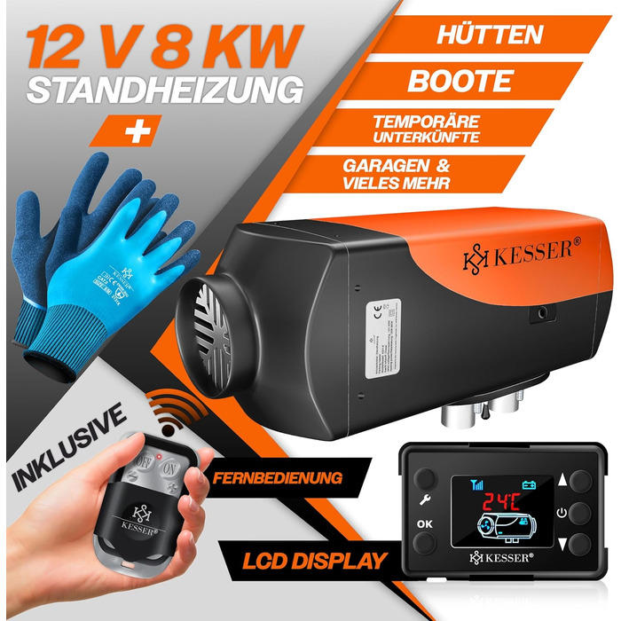 Дизельний опалювач KESSER® 12/24V з таймером, LCD-дисплеєм та пультом дистанційного керування | Швидкий нагрів | Опалювач з шумопоглиначем та термостатом (червоний, чорний/помаранчевий, 8kW)