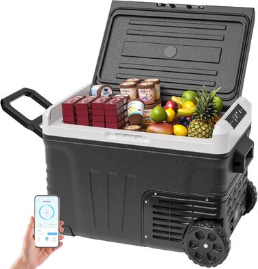 Автохолодильник EUHOMY 35L з Wi-Fi та компресором: портативний холодильник-морозильник 12/24V та 220-240V для авто, кемпінгу, подорожей. Чорний, 35 літрів, з колесами та кошиками.