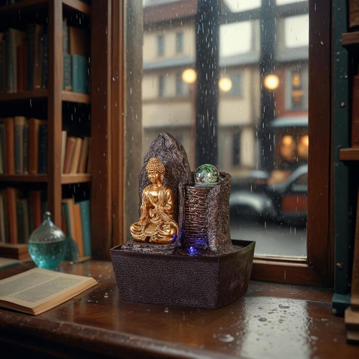 Джерело води Zen'Light від Zimmerbrunnen: Будда, LED-підсвітка, для медитації та релаксації. Декор у стилі фен-шуй, висота 26 см, горіх (Haka)