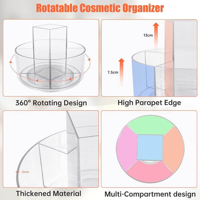 Поворотний органайзер для косметики VORHOT, прозорий, акриловий, обертається на 360, для комода у ванній кімнаті, спальні (одношаровий)