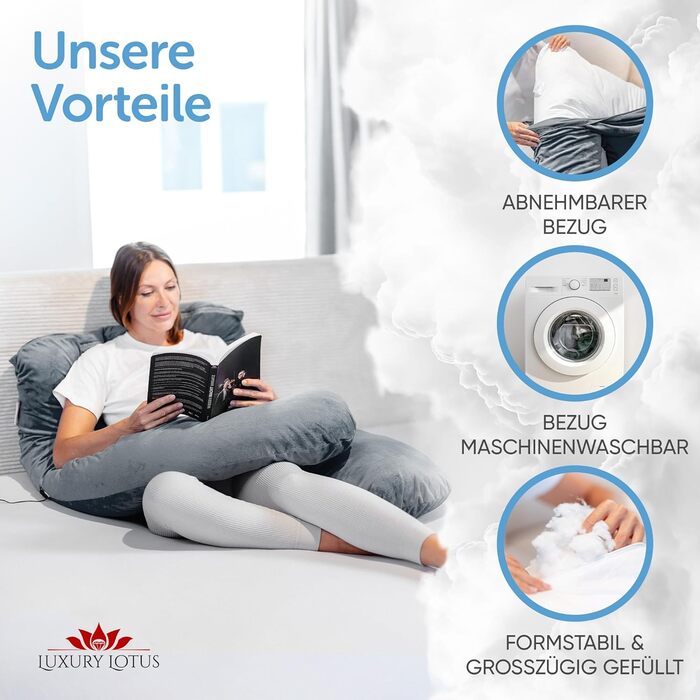 Подушка для сну на боці Lotus [З підігрівом] XXL, подушка комфорту, вагітна подушка, подушка для годування | (Світло-сірий)