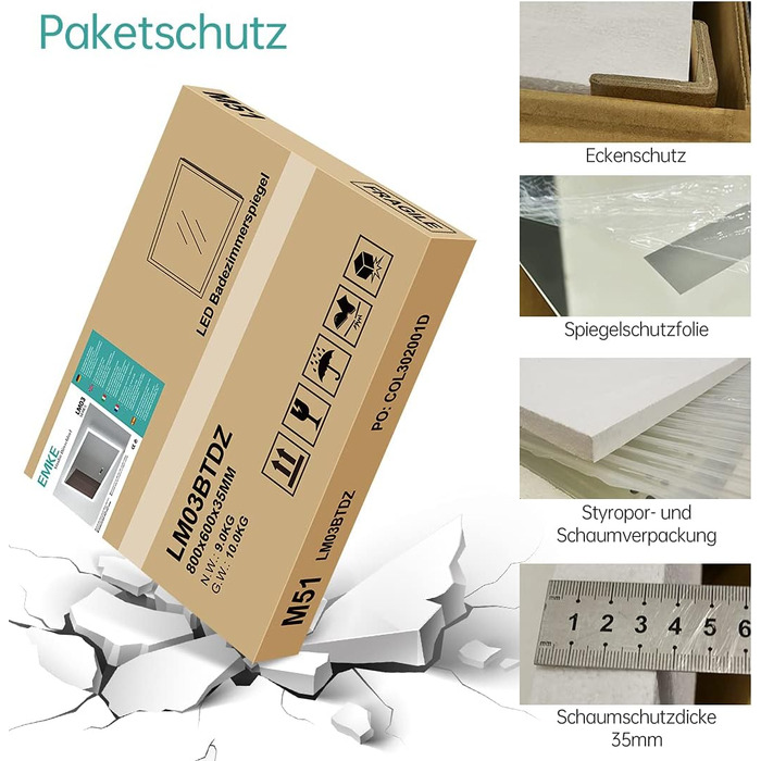 Круглий дзеркало для ванної кімнати EMKE з підсвічуванням 50 см, 3 кольори, диммування, антизапар, пам'ять, сенсорне керування, таймер 3 години, енергозбереження