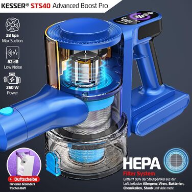 Бездротовий акумуляторний пилосос KESSER® з LED-дисплеєм, до 60 хвилин роботи, тихий, без мішка, з антинамотувальною щіткою, HEPA-фільтр, аромакарта (блакитний/золотий)